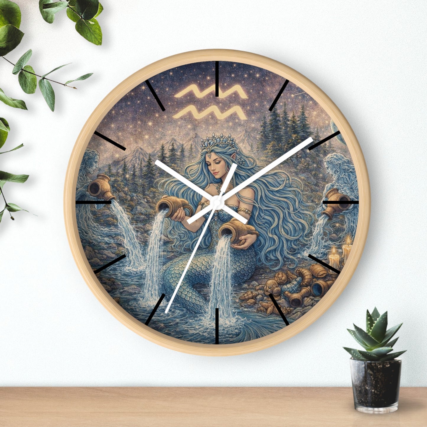 Aquarius Mermaid Wall Clock | Zodiac Water Bearer Celestial Art