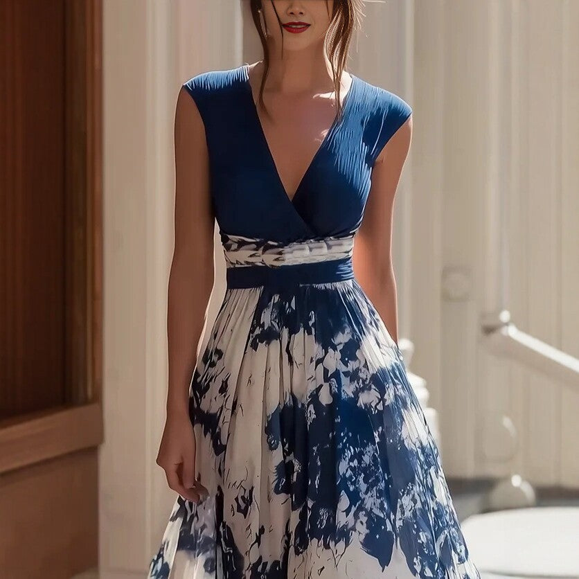 Porcelain Motif V-Neck Maxi Dress