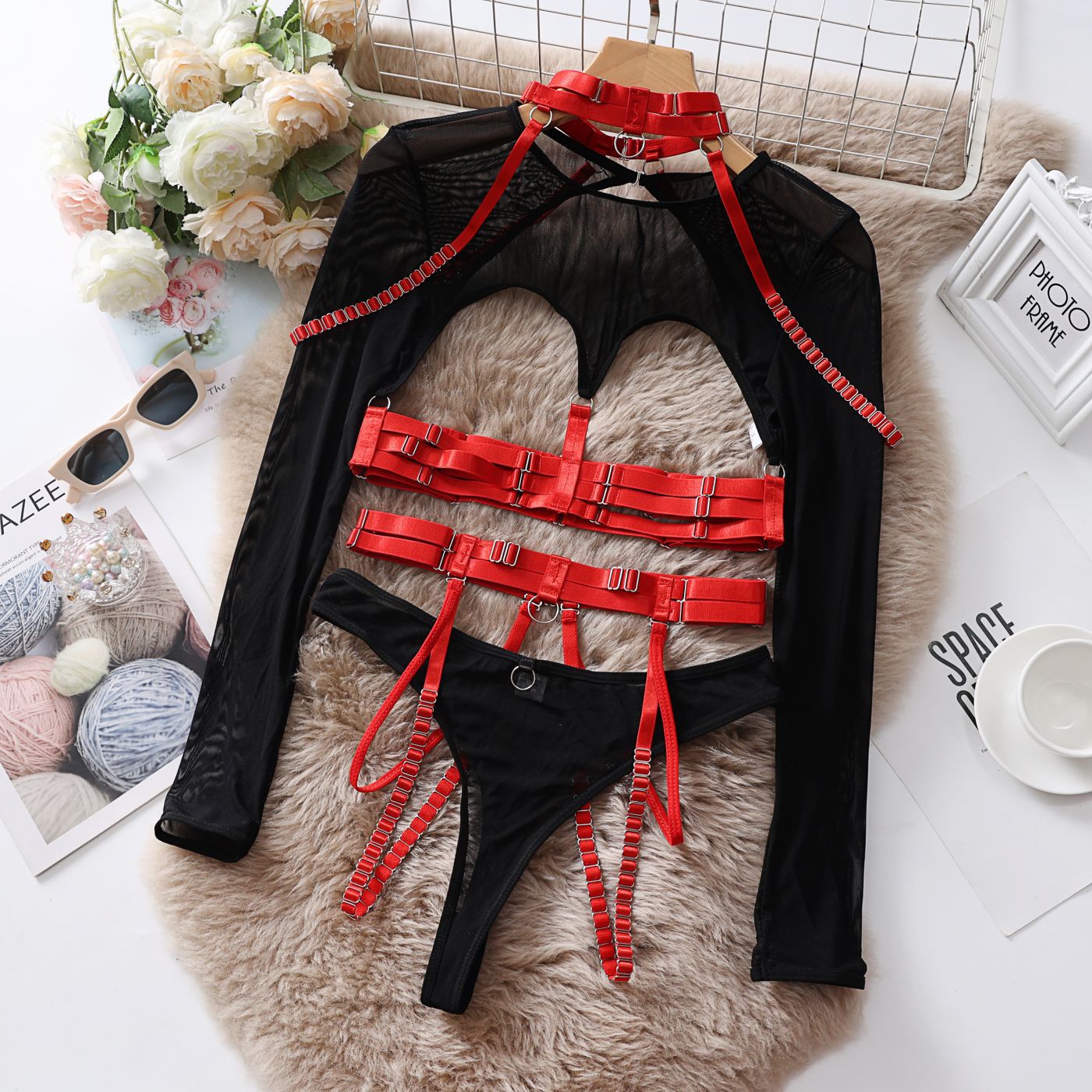 Strappy Cutout Five-Piece Lingerie Set