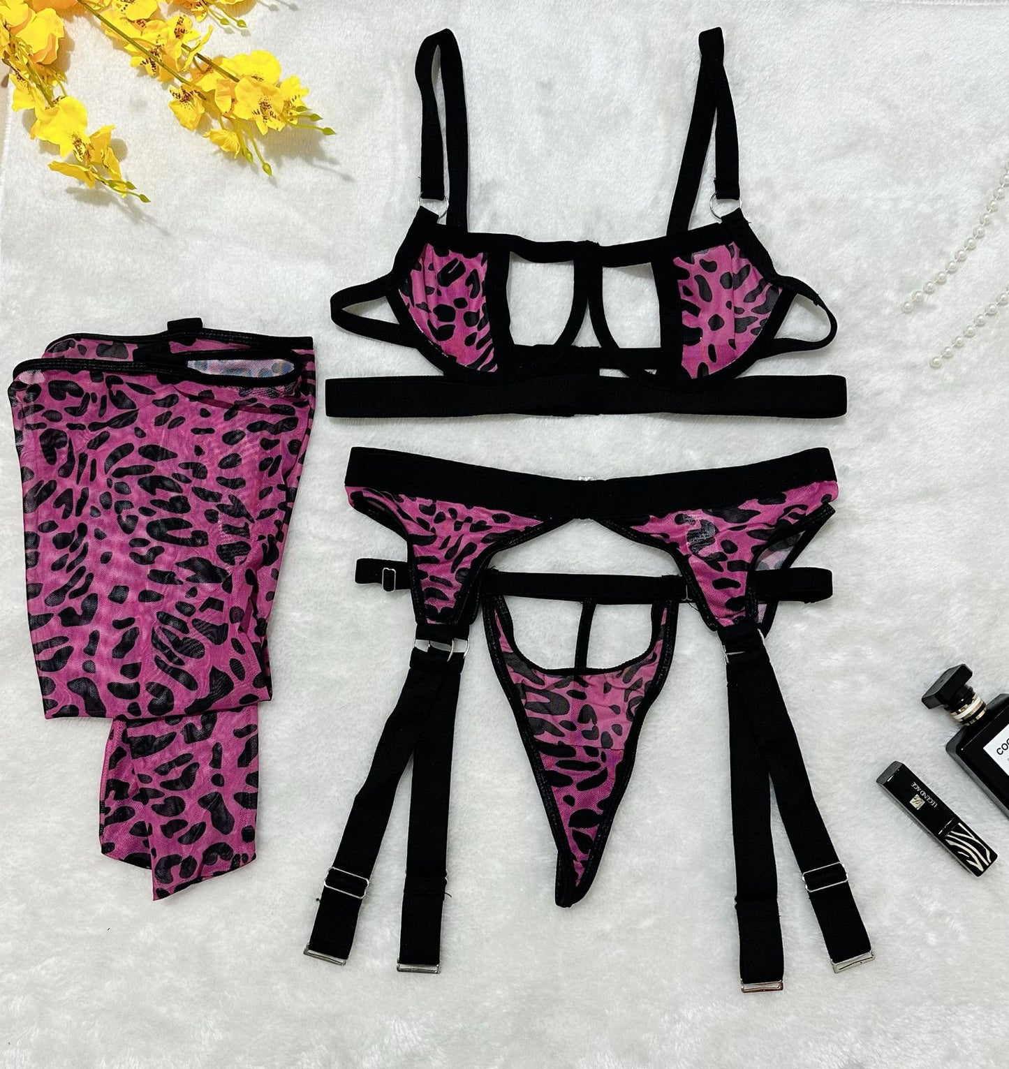 Leopard Mesh Four-Piece Lingerie Set