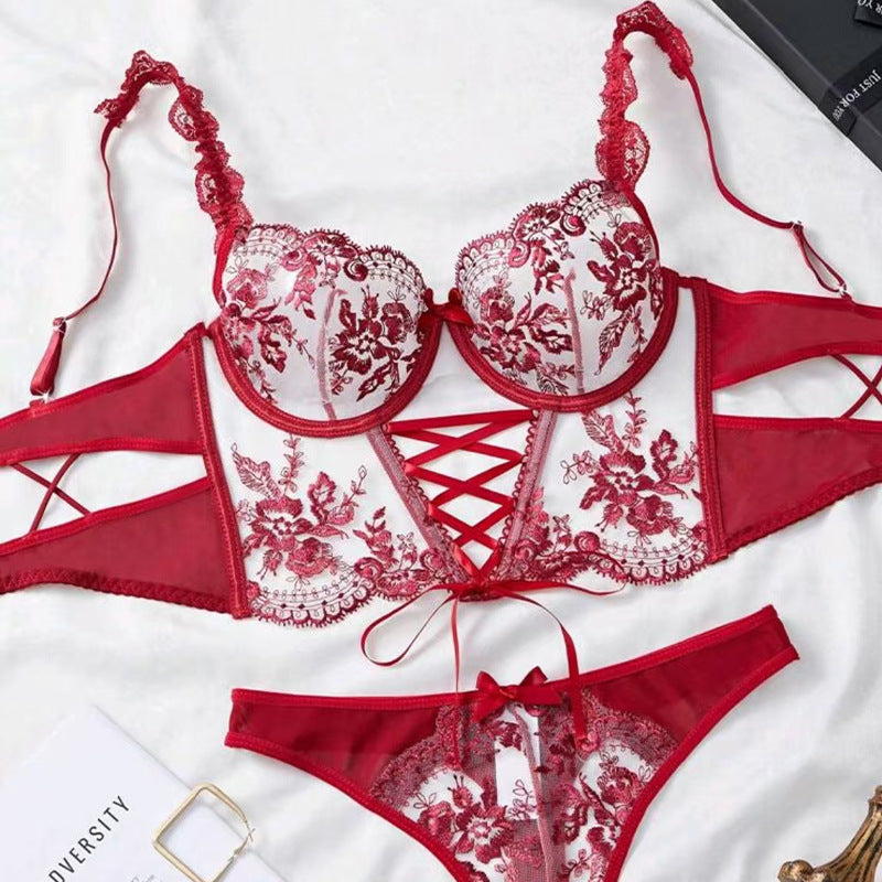 Floral Embroidered Mesh Lingerie Set