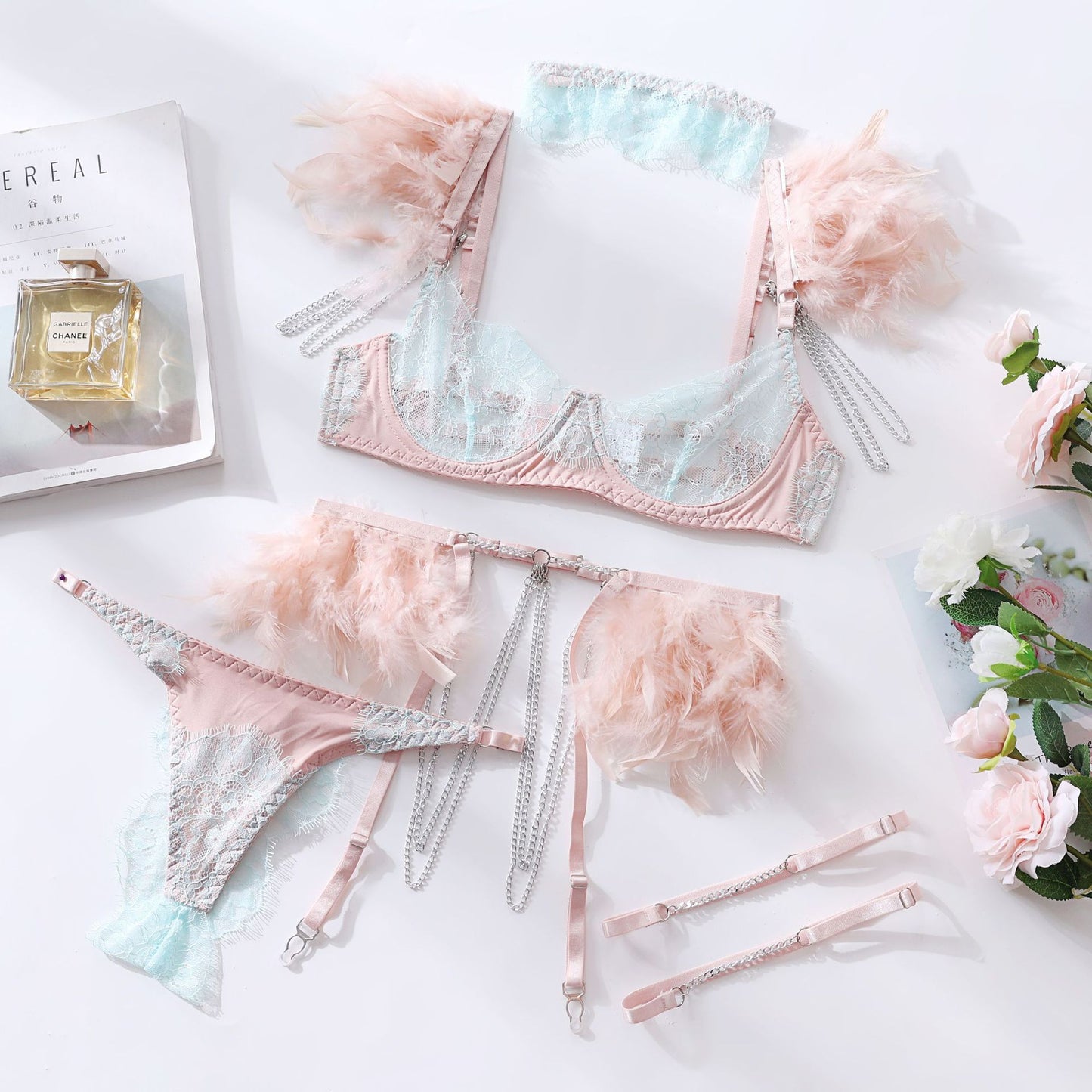 Feather Lace Chain Lingerie Set