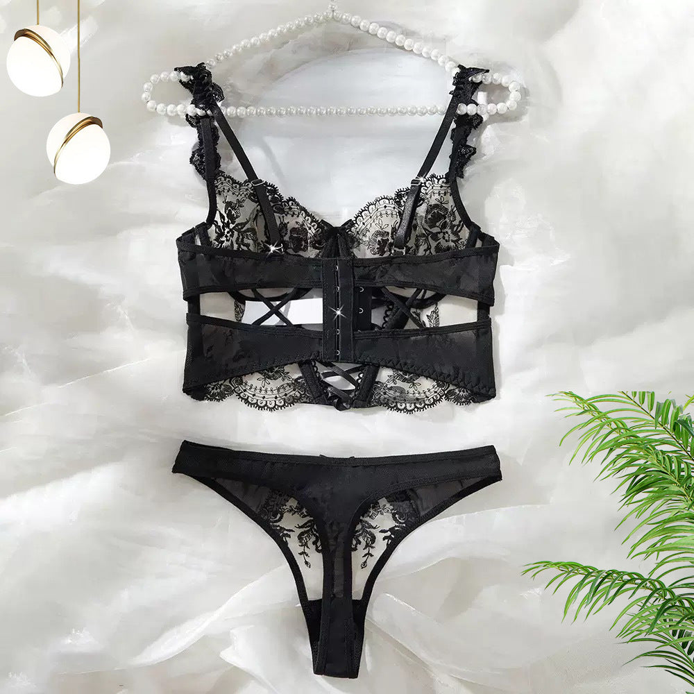 Floral Embroidered Mesh Lingerie Set