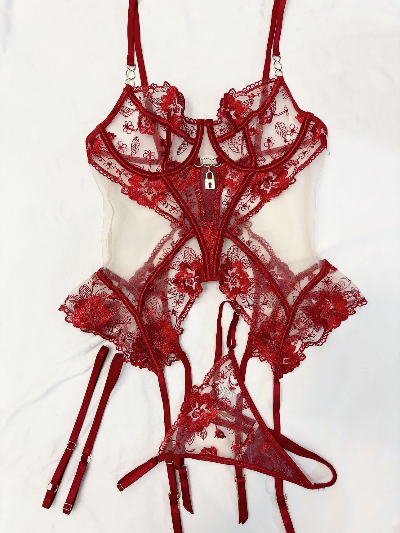 Sheer Lace Three-Piece Bra Set
