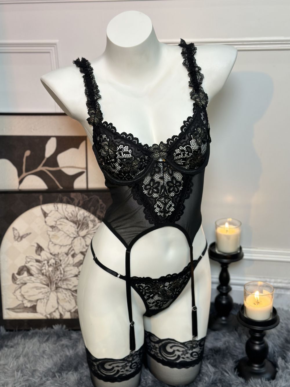 Floral Embroidered Lace Three-Piece Bra Set