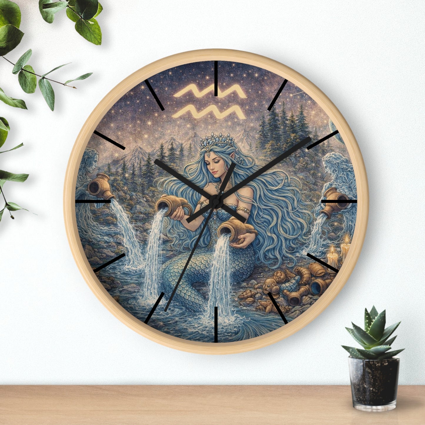 Aquarius Mermaid Wall Clock | Zodiac Water Bearer Celestial Art