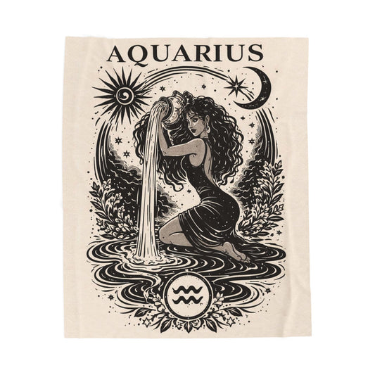 Aquarius Water Bearer illustration Velveteen Plush Blanket | Zodiac Astrology tapestry style