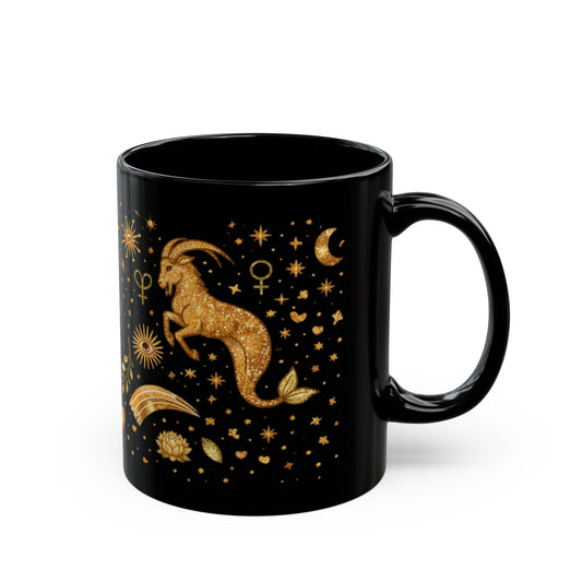 Capricorn Zodiac Gold Motif Mug | Black Ceramic Mug