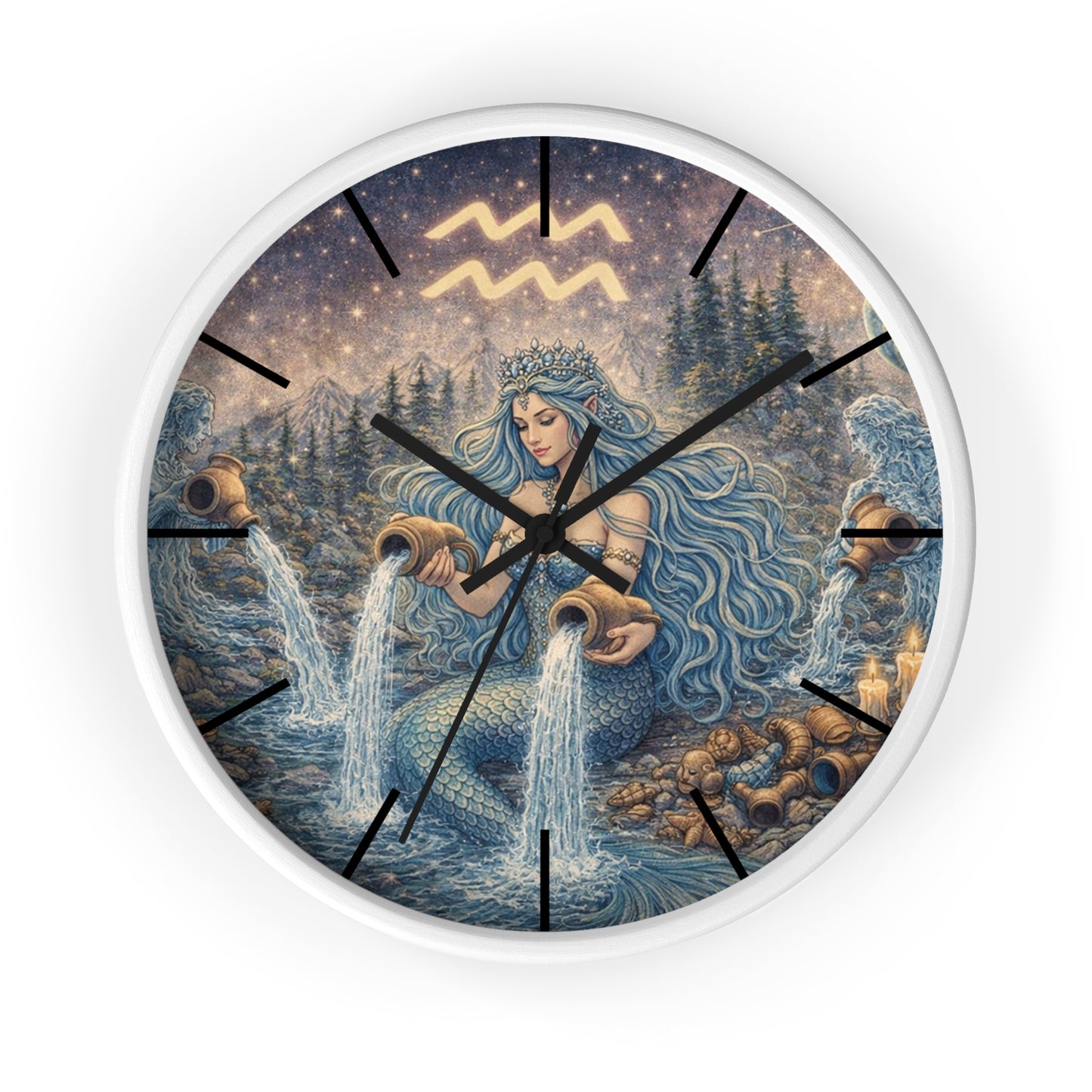 Aquarius Mermaid Wall Clock | Zodiac Water Bearer Celestial Art