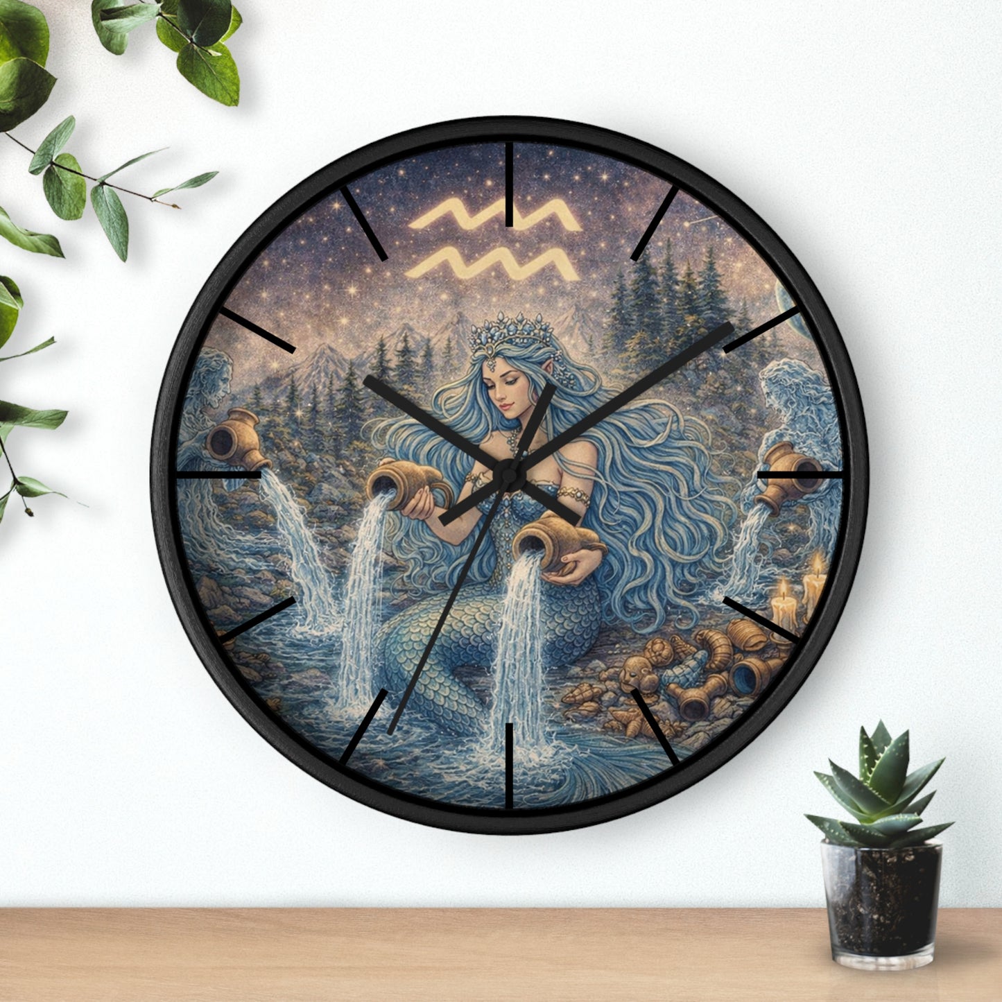 Aquarius Mermaid Wall Clock | Zodiac Water Bearer Celestial Art