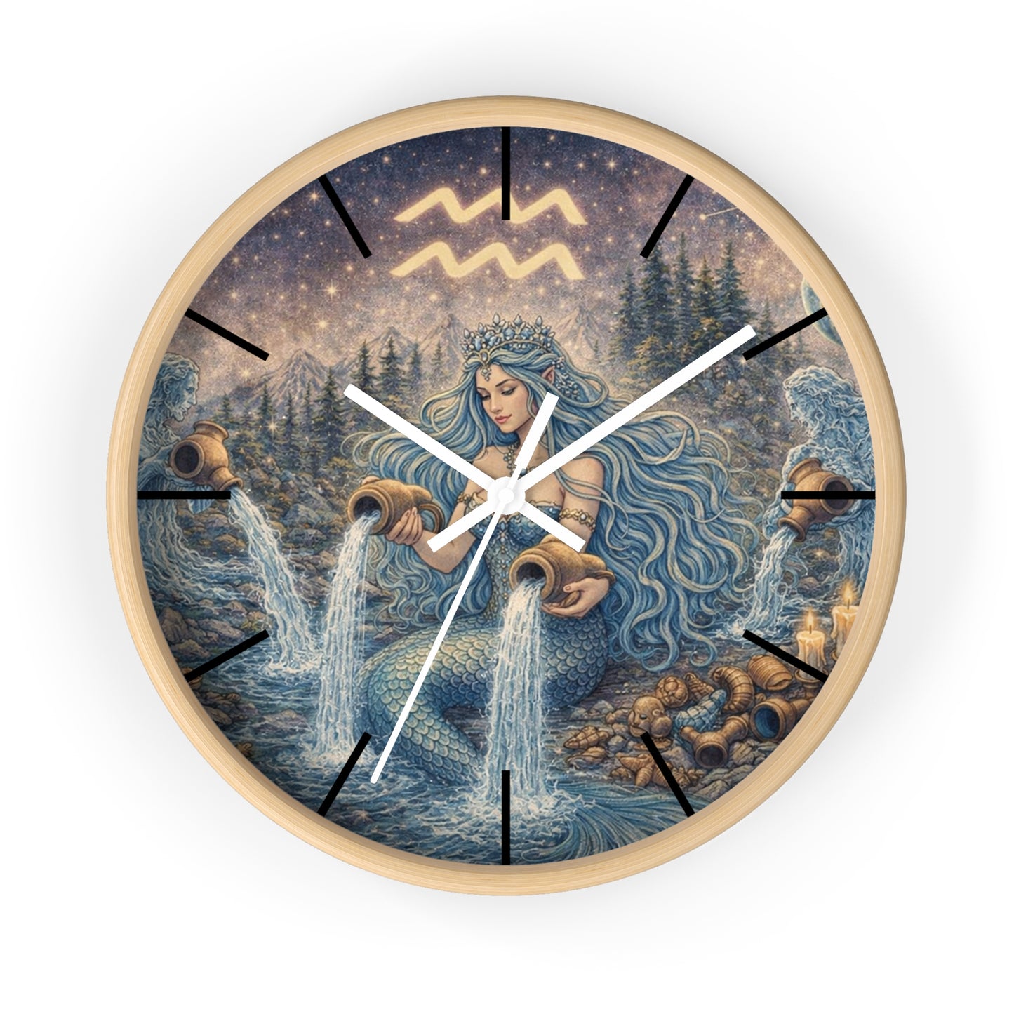 Aquarius Mermaid Wall Clock | Zodiac Water Bearer Celestial Art