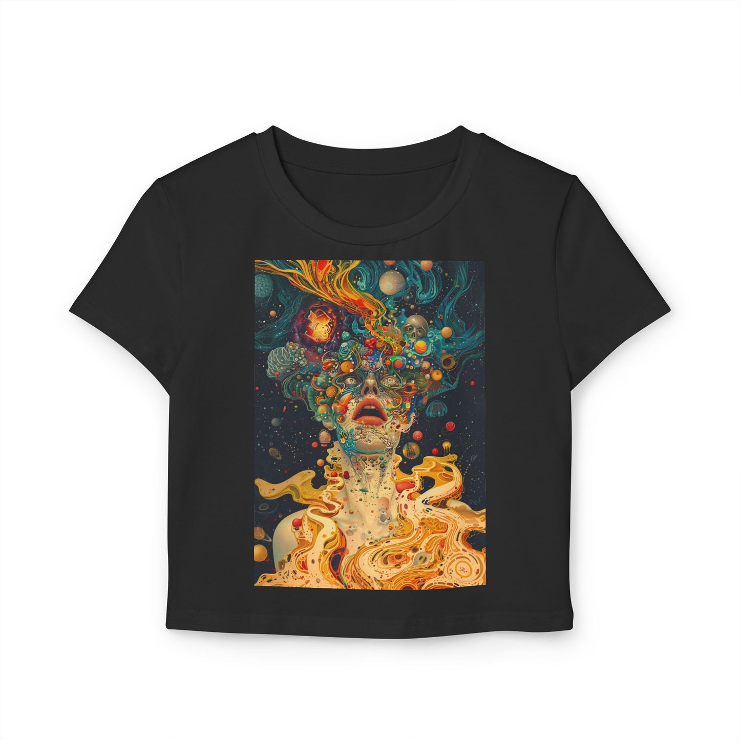 Cosmic Vibes Women's Baby Tee - Retro Art Graphic T-Shirt