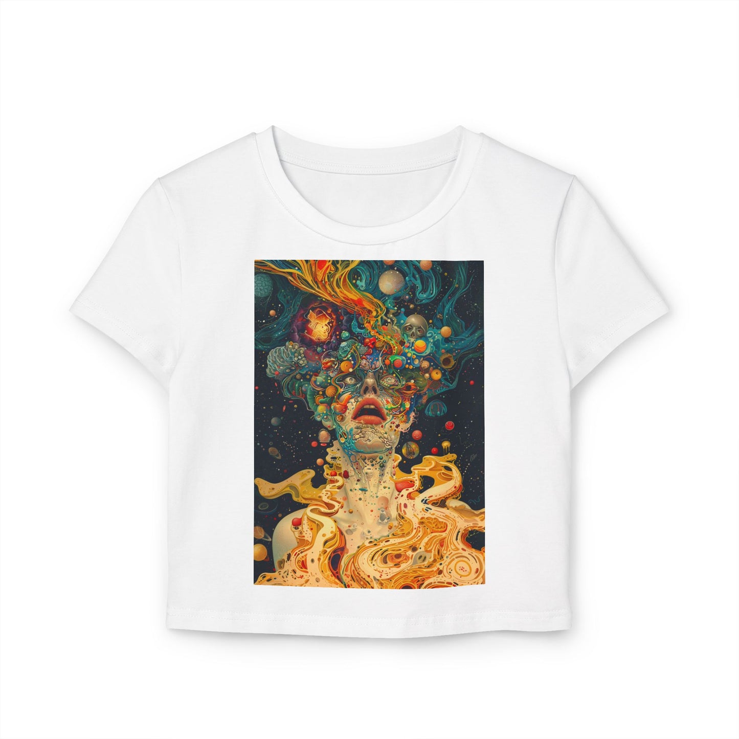 Cosmic Vibes Women's Baby Tee - Retro Art Graphic T-Shirt
