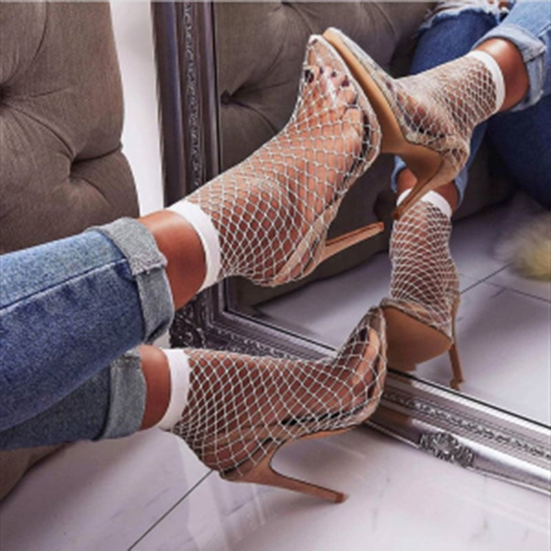 Pierce Mesh Pointed-Toe Ankle Heels