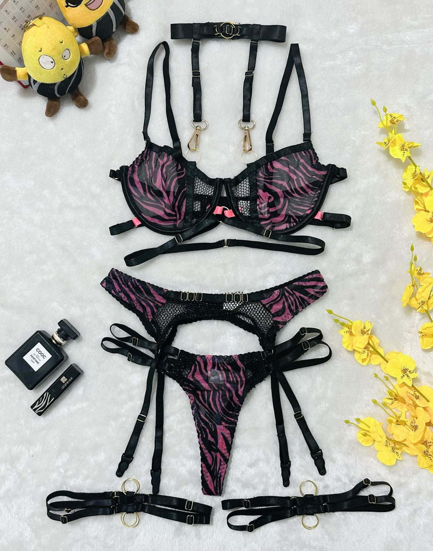 Zebra Mesh Harness Lingerie Set