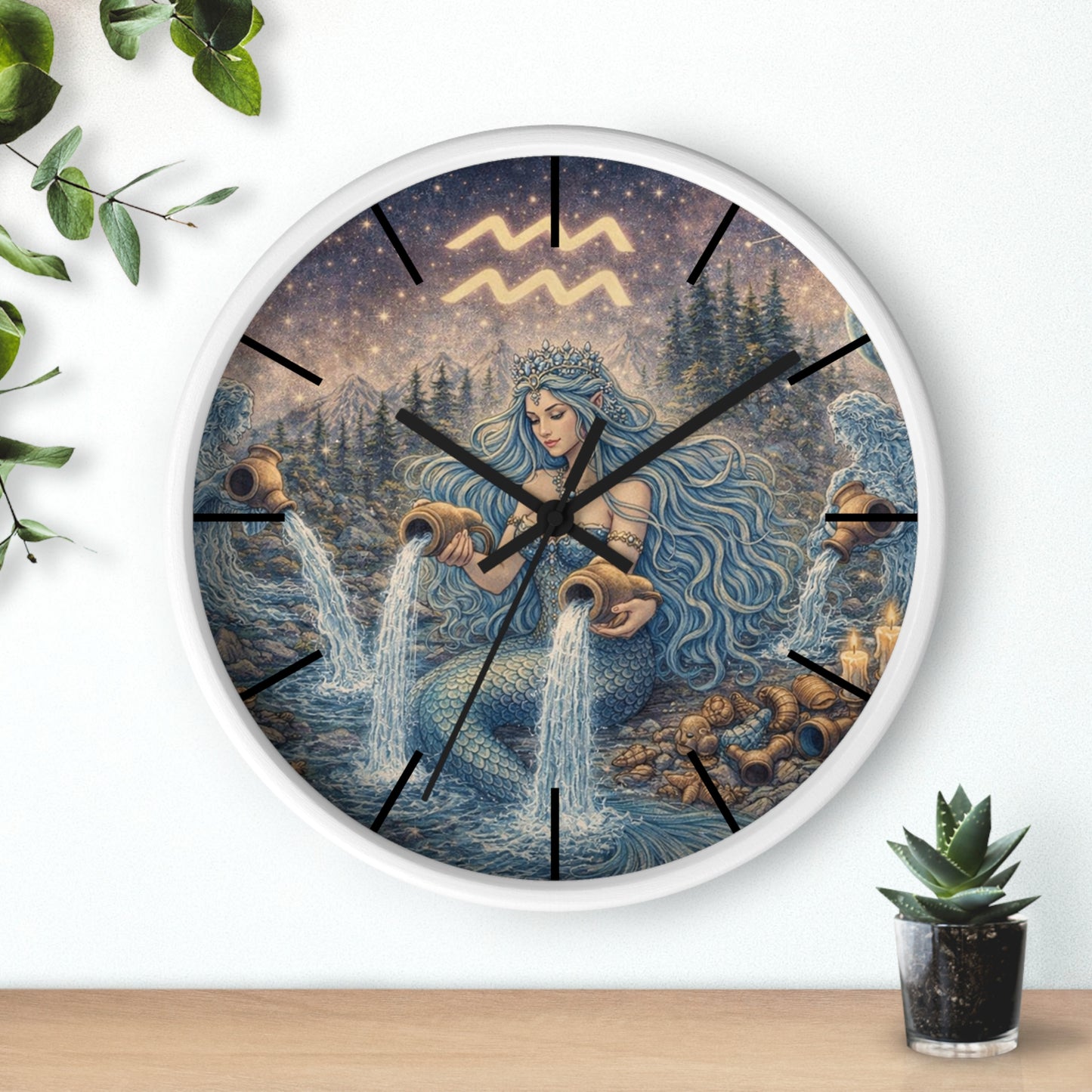 Aquarius Mermaid Wall Clock | Zodiac Water Bearer Celestial Art
