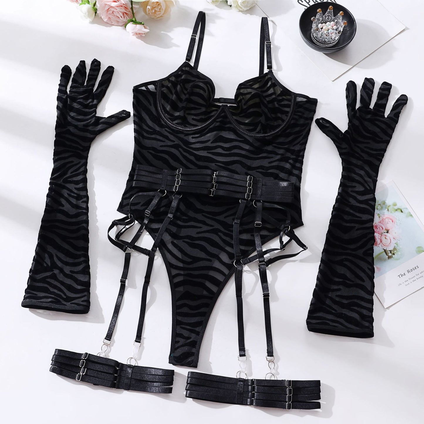 Sheer Mesh Bodysuit & Gloves Set