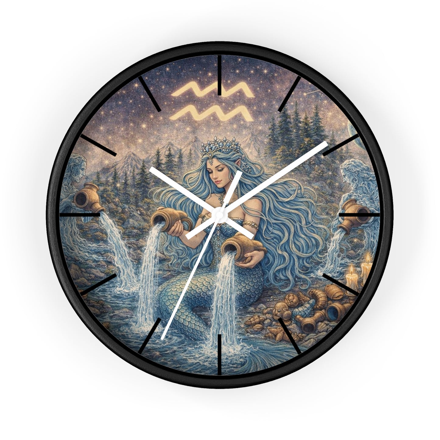 Aquarius Mermaid Wall Clock | Zodiac Water Bearer Celestial Art