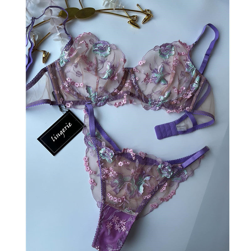 Purple Embroidered Mesh Bra Set