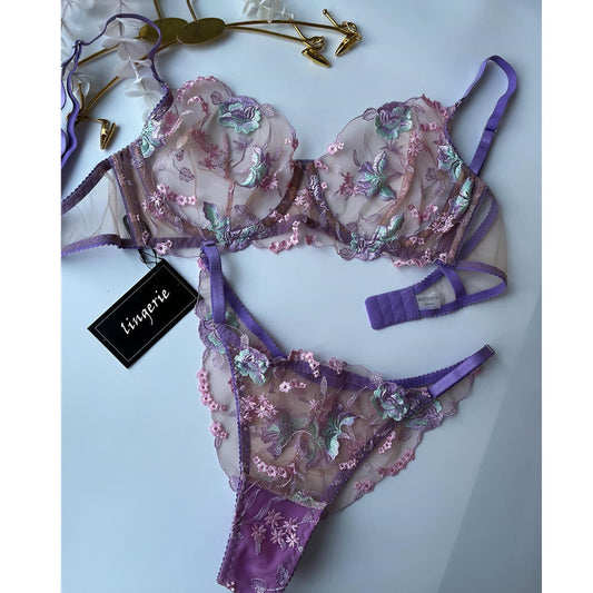 Purple Embroidered Mesh Bra Set
