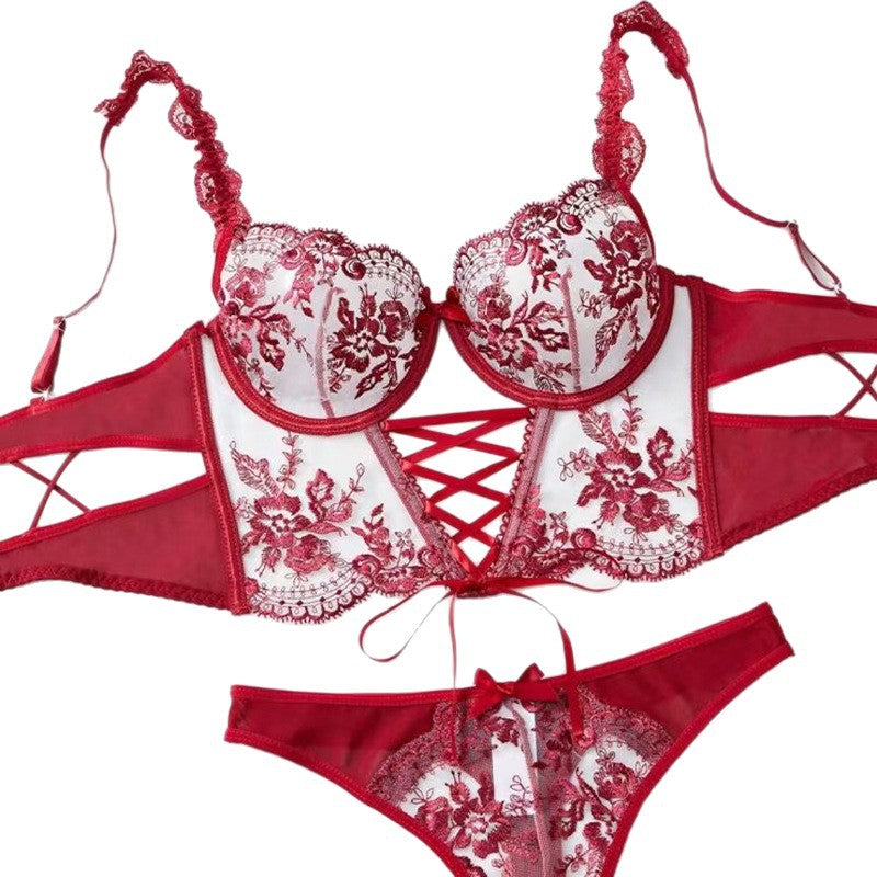 Floral Embroidered Mesh Lingerie Set