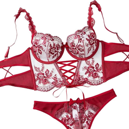 Floral Embroidered Mesh Lingerie Set