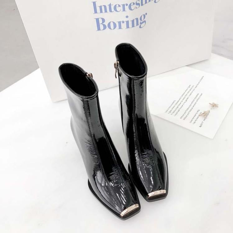 Frame Square-Toe Patent Ankle Boots