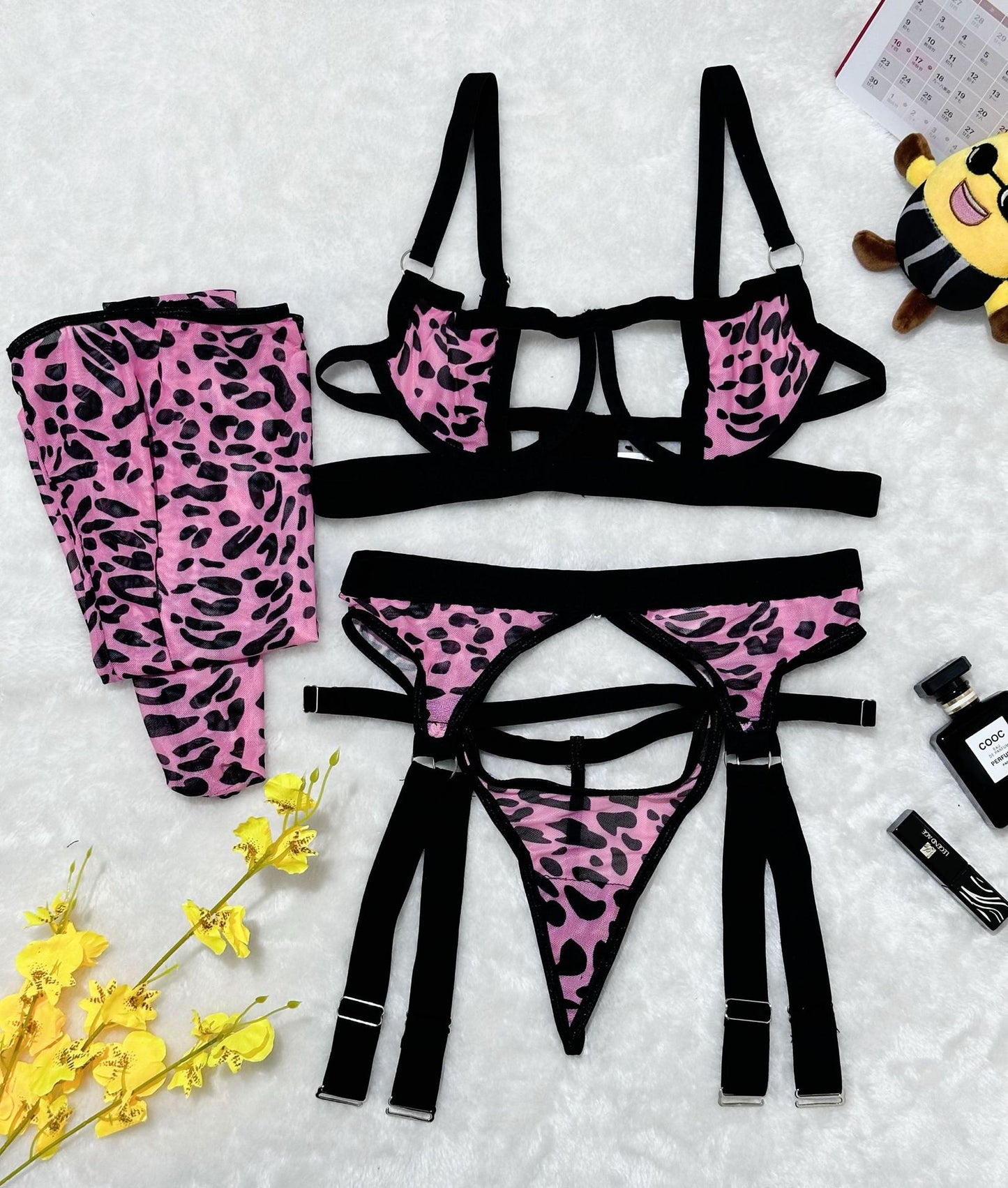 Leopard Mesh Four-Piece Lingerie Set
