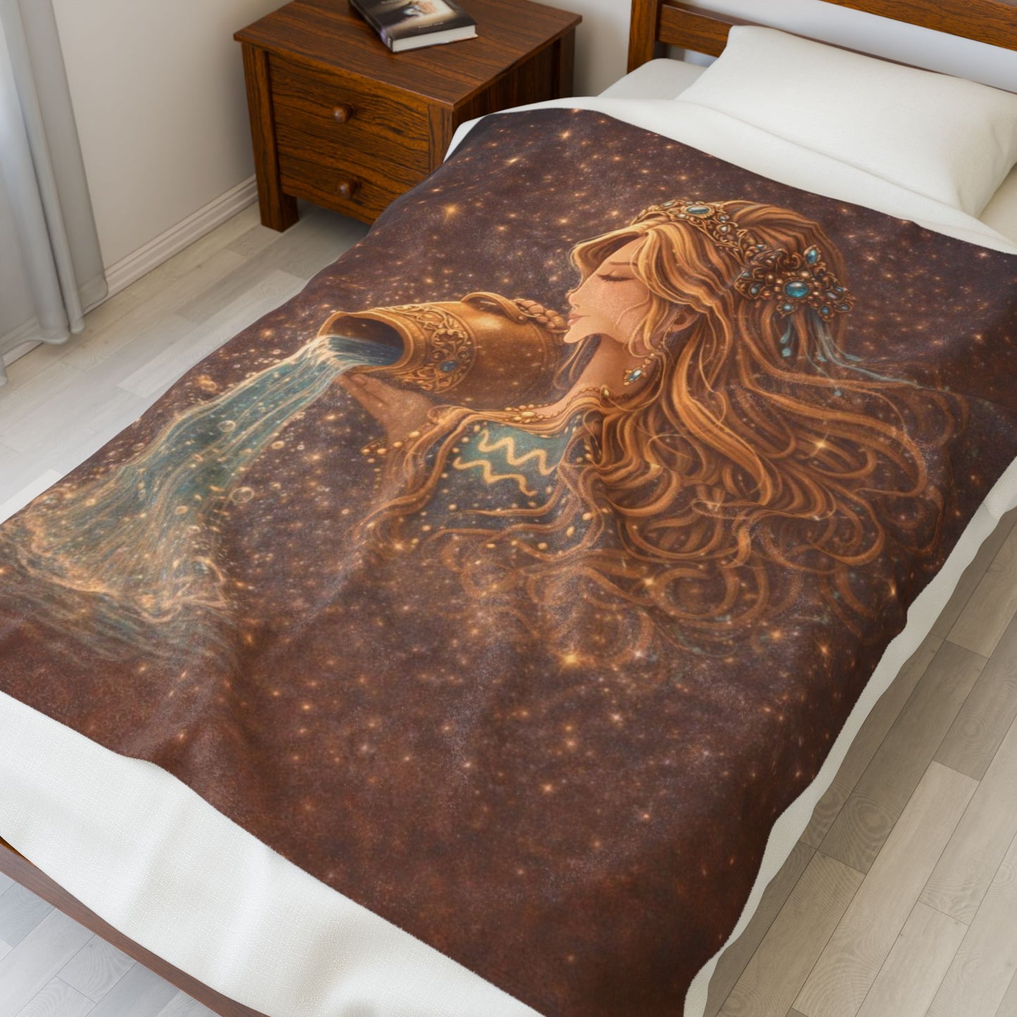 Starry Aquarius Goddess Velveteen Plush Blanket | Zodiac Water Bearer