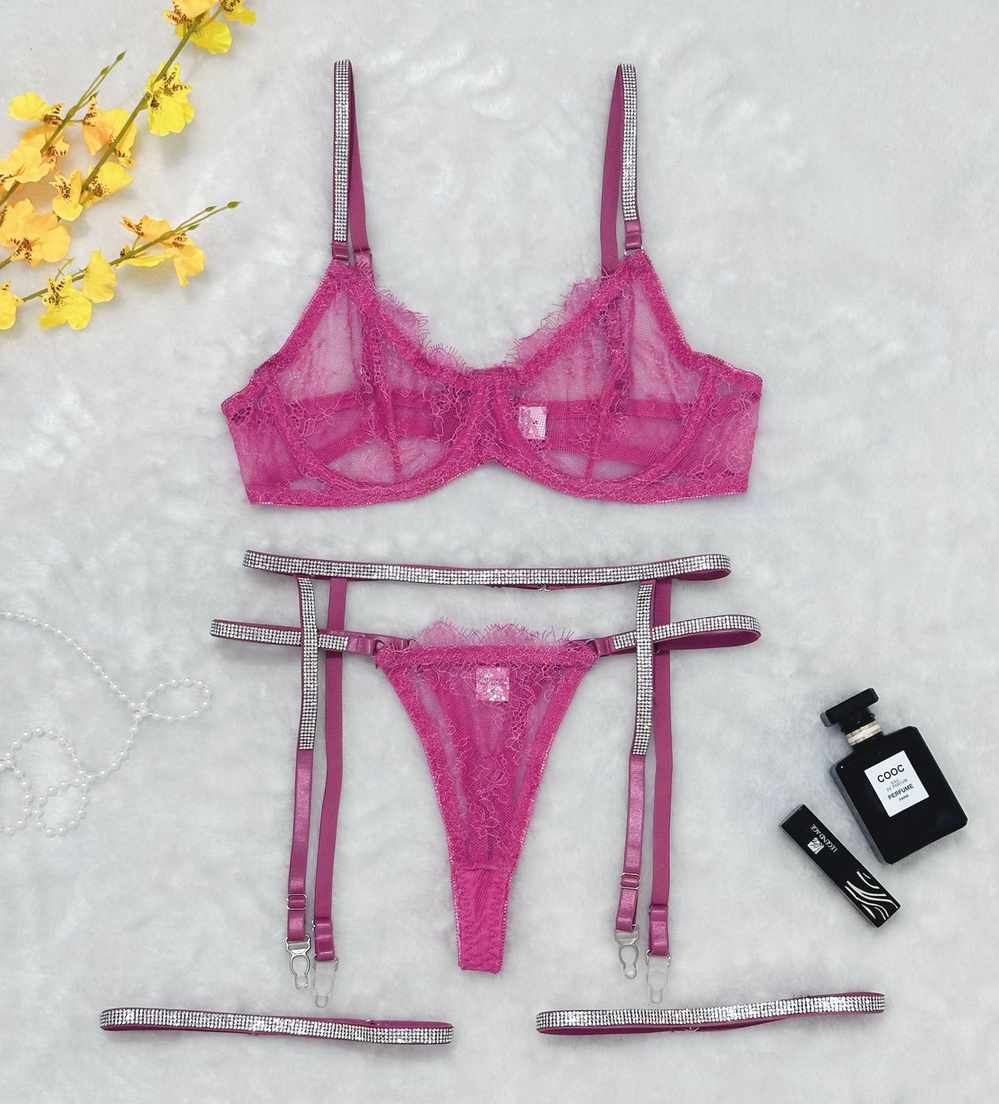 Rhinestone Lace Garter Lingerie Set
