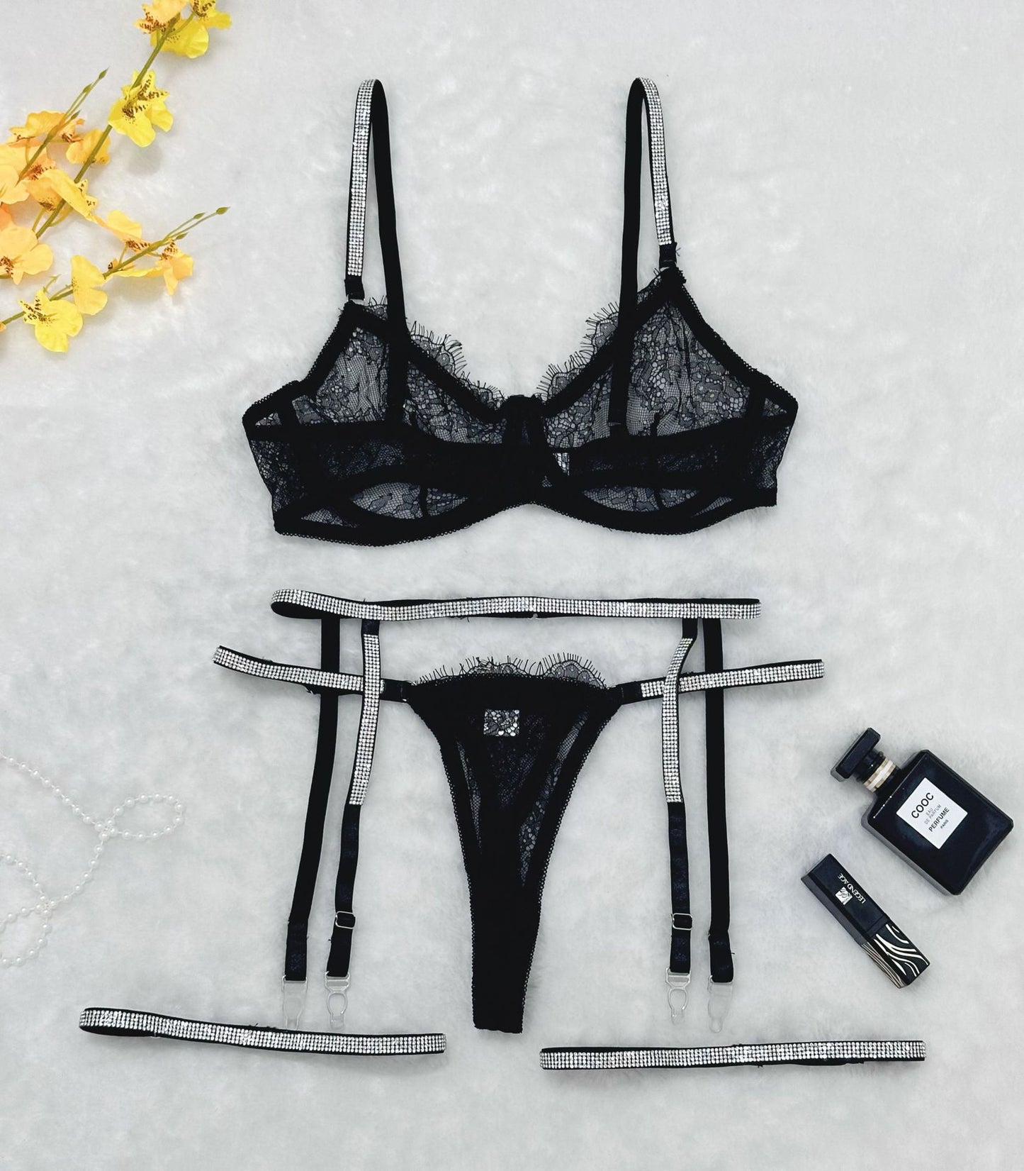 Rhinestone Lace Garter Lingerie Set