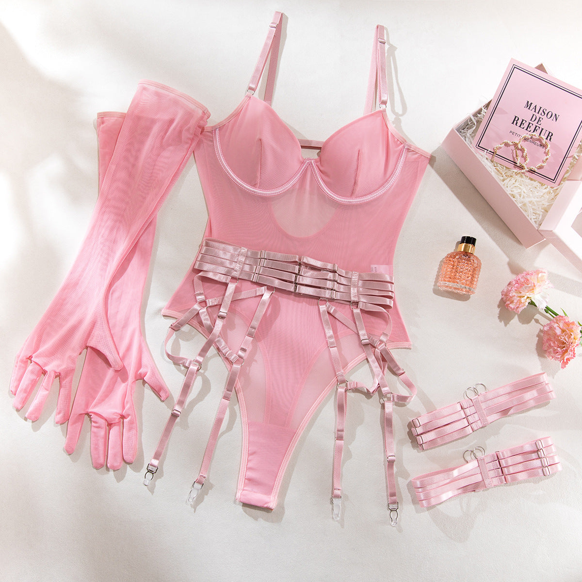 Sheer Mesh Bodysuit & Gloves Set