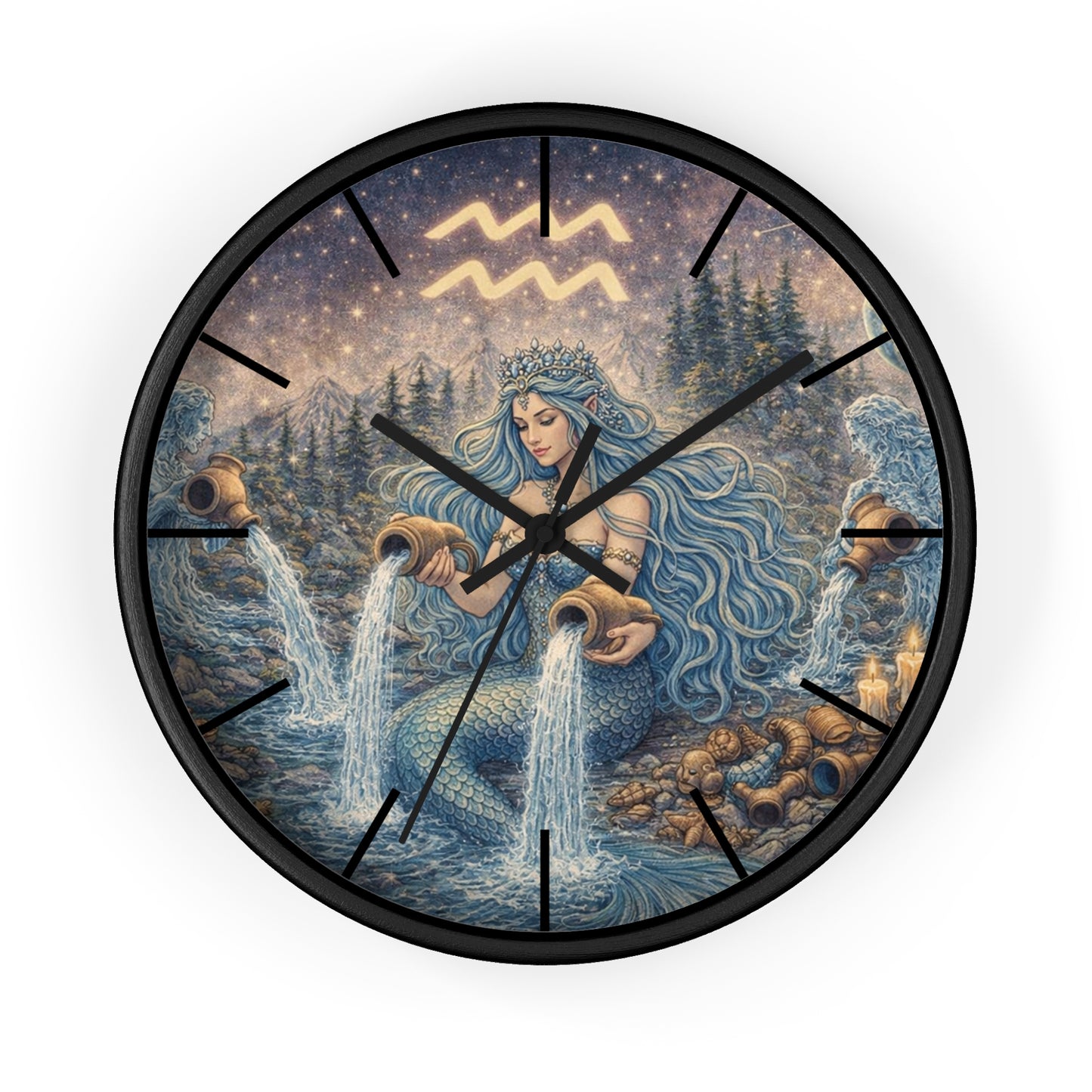 Aquarius Mermaid Wall Clock | Zodiac Water Bearer Celestial Art