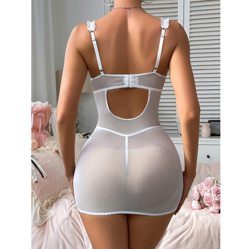Dnika Sexy Strapless Dress with Floral Lace Splicing and Thong Set