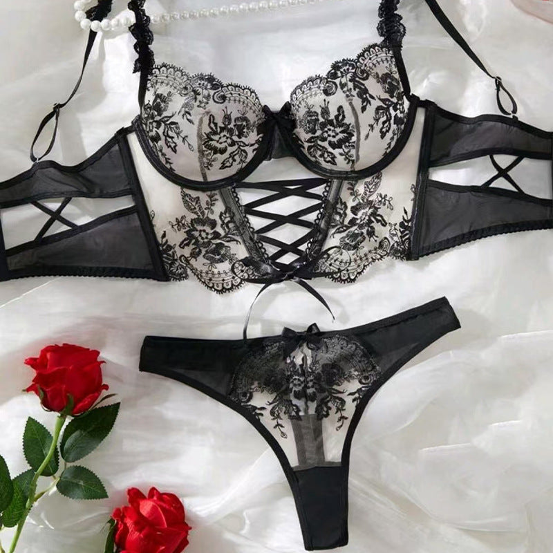 Floral Embroidered Mesh Lingerie Set