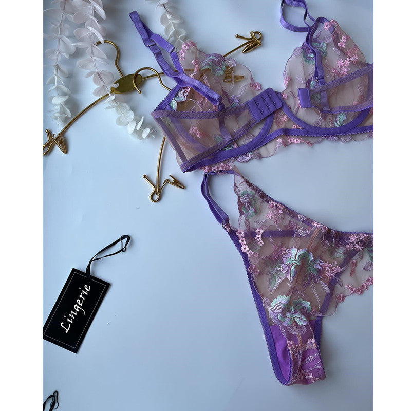 Purple Embroidered Mesh Bra Set