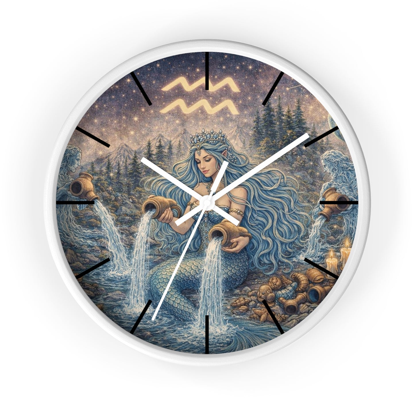 Aquarius Mermaid Wall Clock | Zodiac Water Bearer Celestial Art