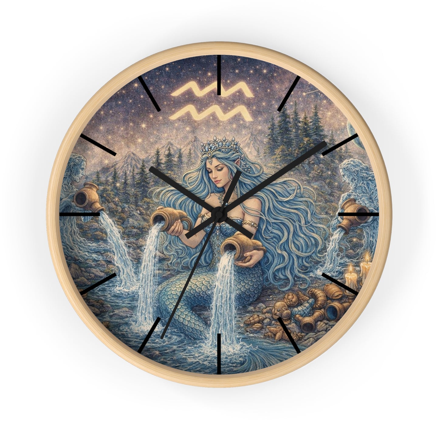 Aquarius Mermaid Wall Clock | Zodiac Water Bearer Celestial Art