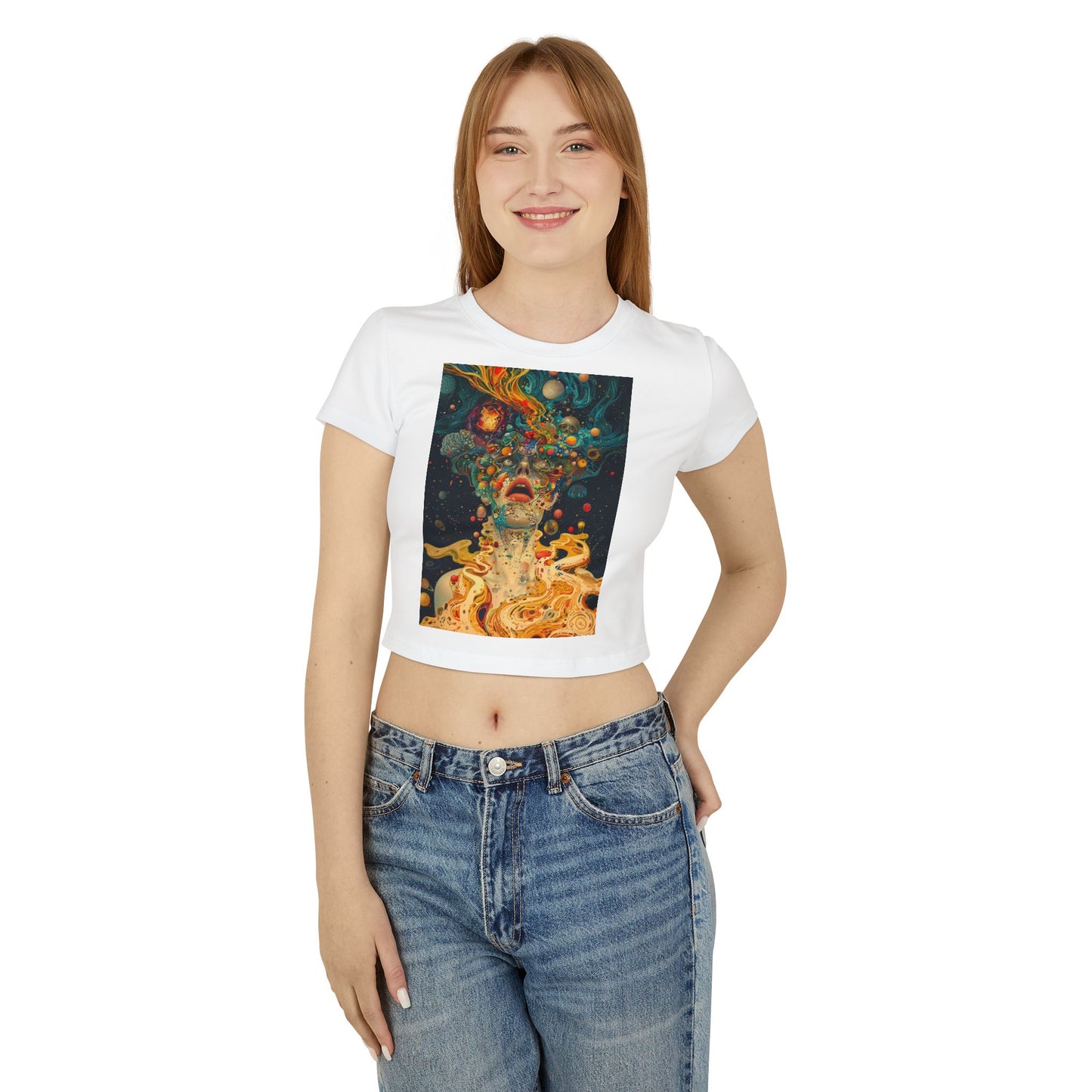 Cosmic Vibes Women's Baby Tee - Retro Art Graphic T-Shirt