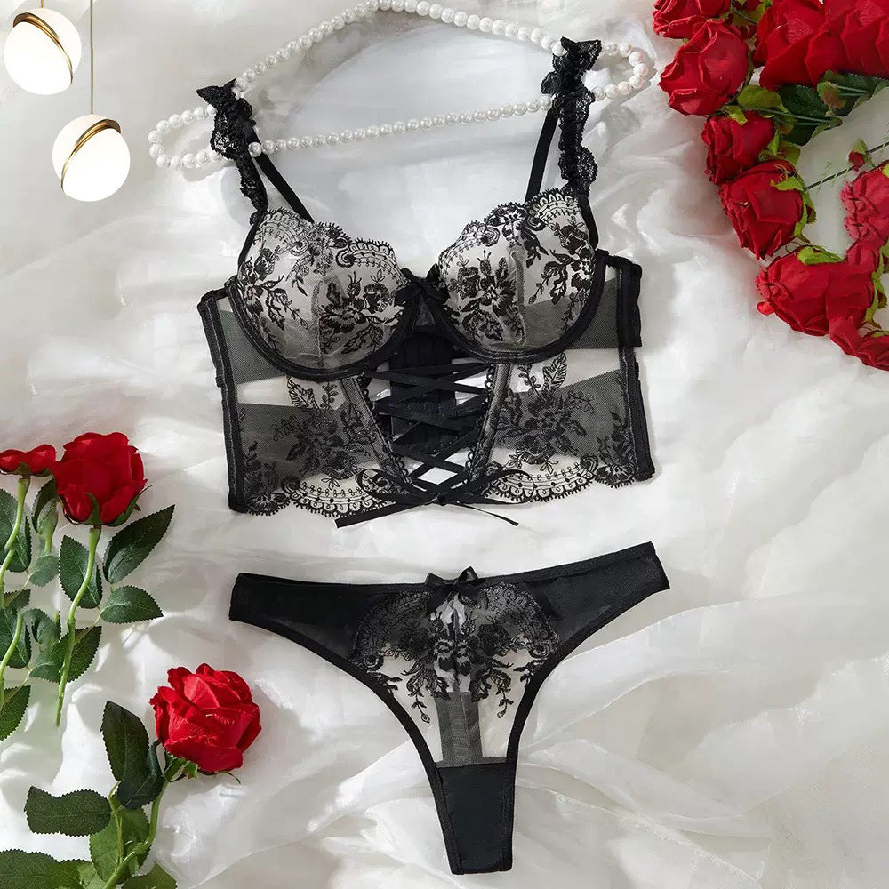Floral Embroidered Mesh Lingerie Set