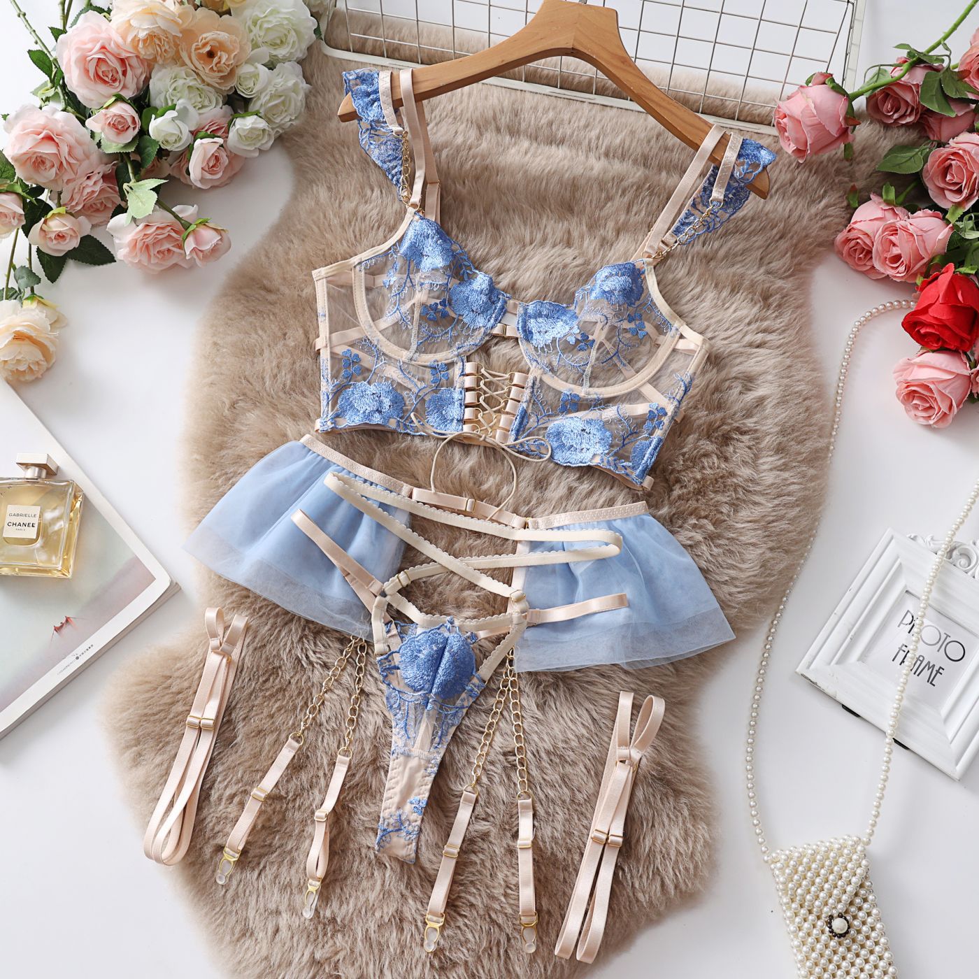 Embroidered Sheer Lace Bra Set