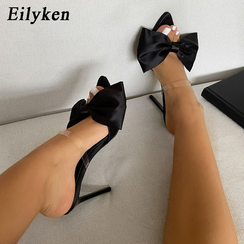 Ribbon Pointed-Toe Heeled Mules
