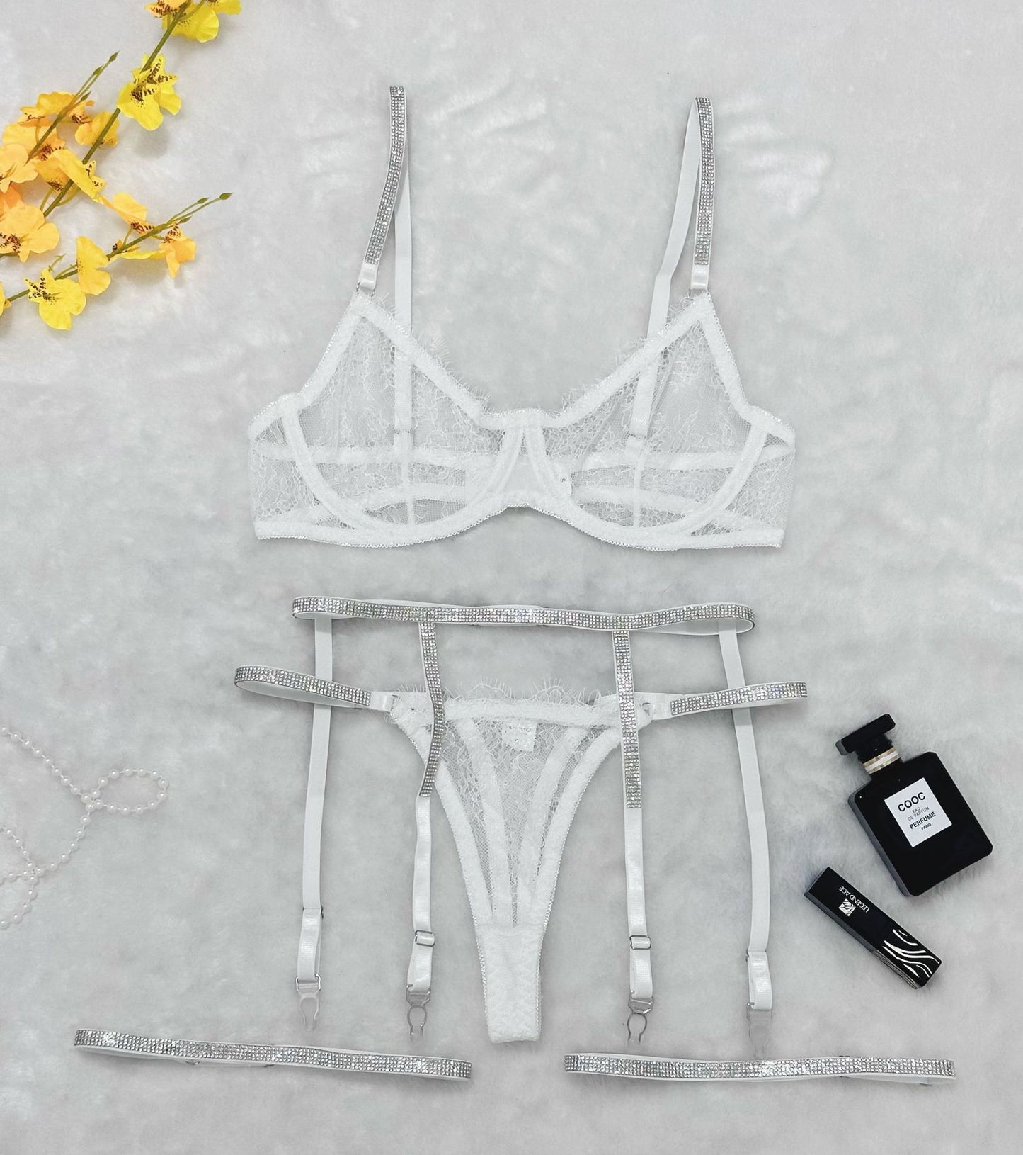 Rhinestone Lace Garter Lingerie Set