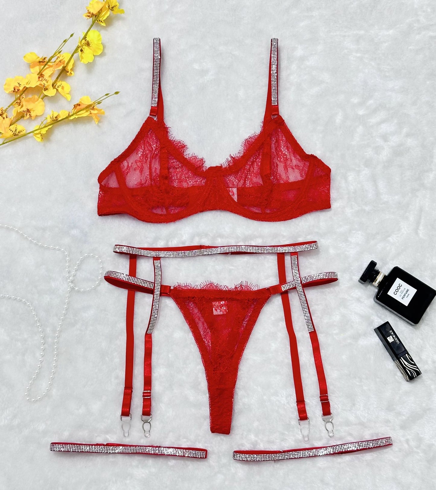 Rhinestone Lace Garter Lingerie Set