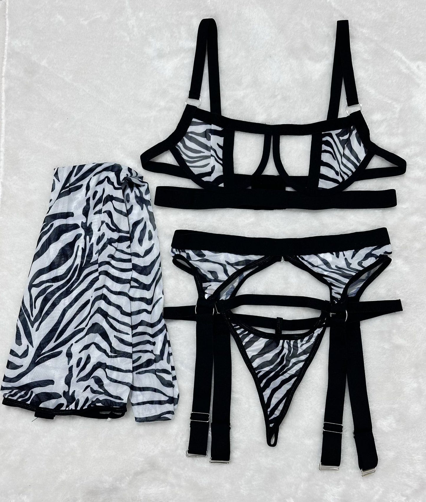 Leopard Mesh Four-Piece Lingerie Set