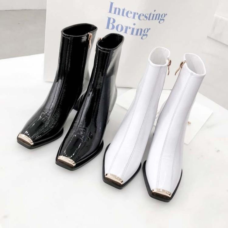 Frame Square-Toe Patent Ankle Boots