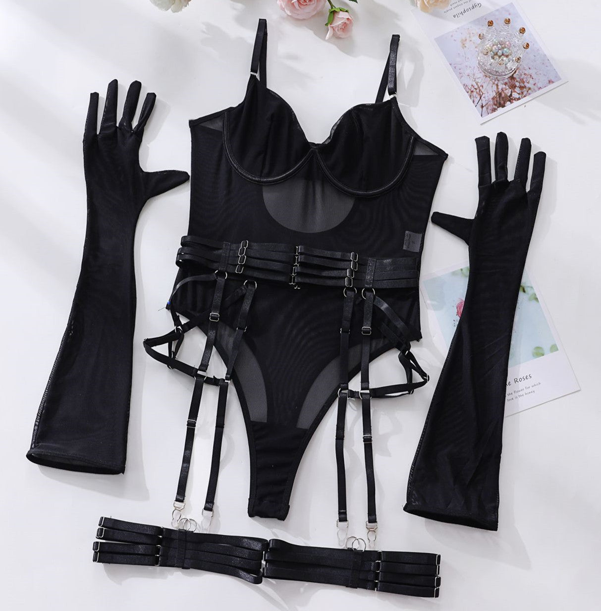 Sheer Mesh Bodysuit & Gloves Set