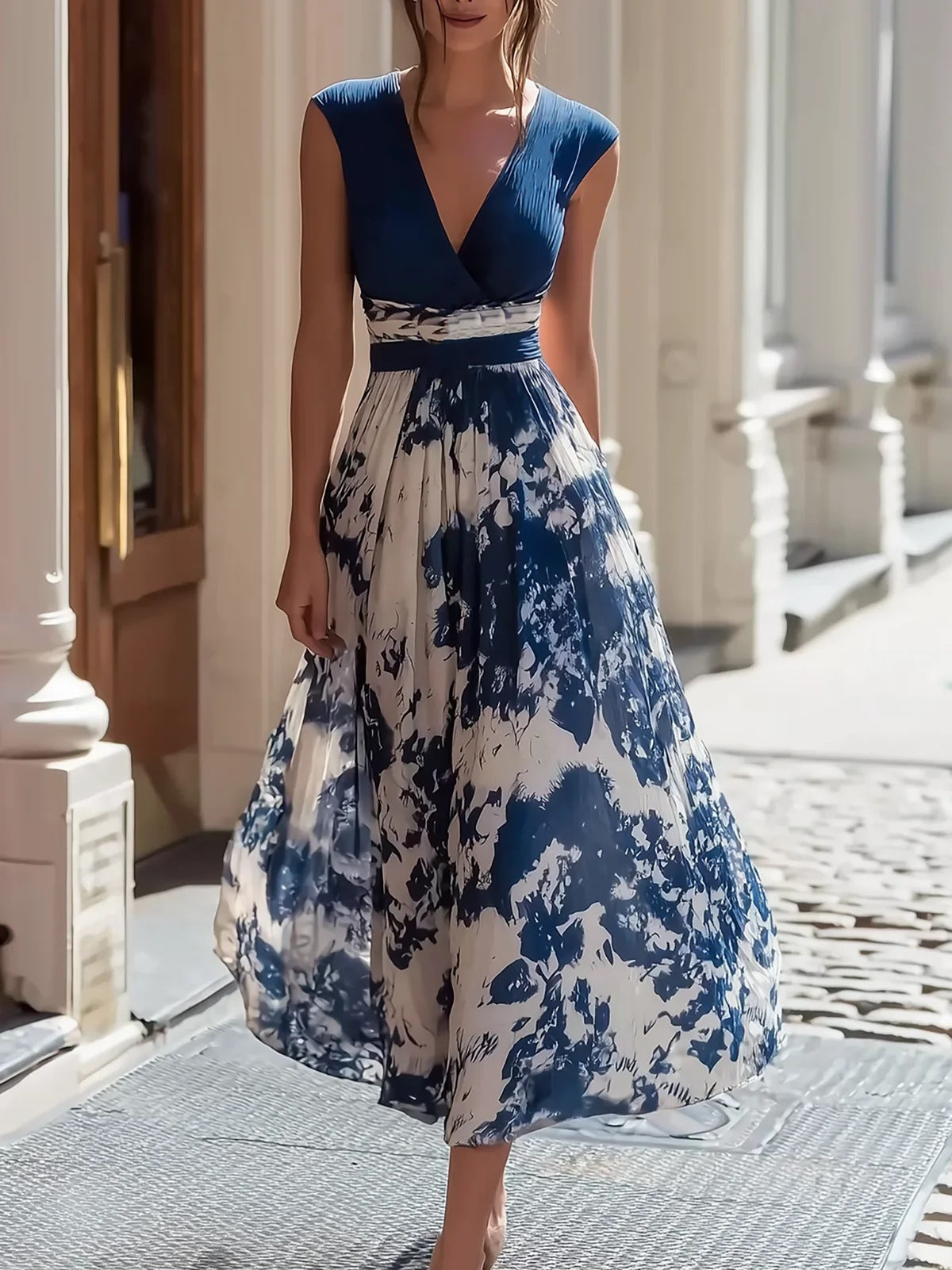 Porcelain Motif V-Neck Maxi Dress