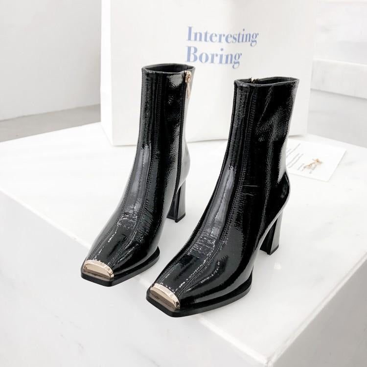 Frame Square-Toe Patent Ankle Boots