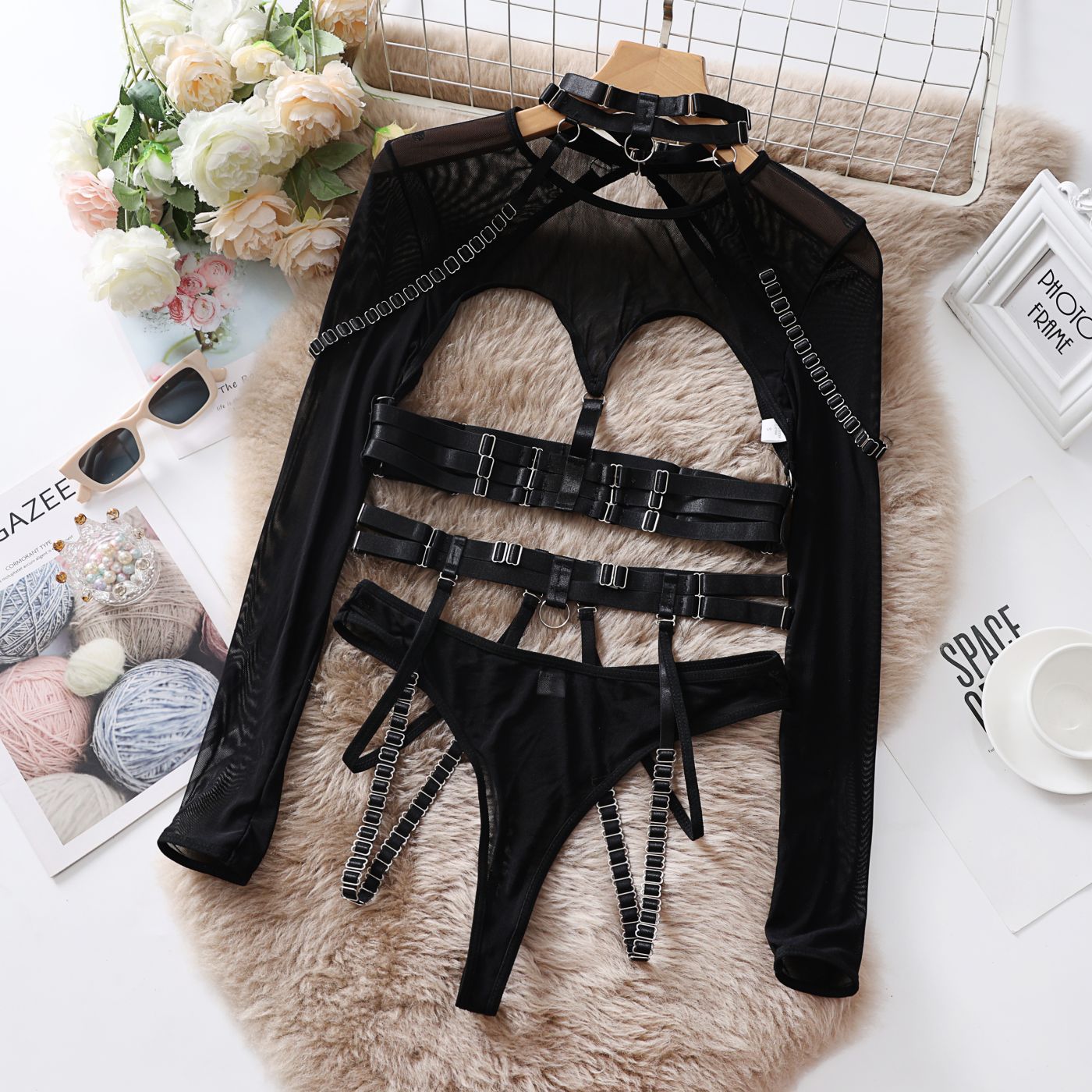 Strappy Cutout Five-Piece Lingerie Set